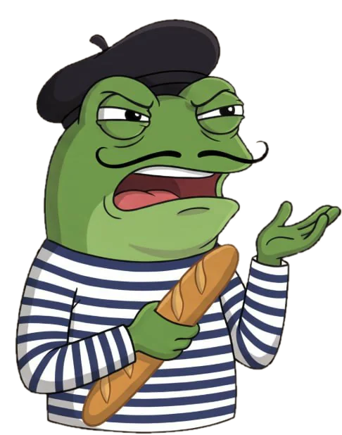 Fepe with a moustache ranting and holding a baguette